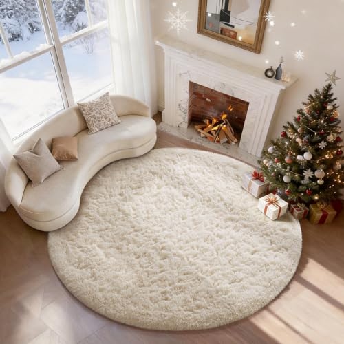 Ophanie Round Washable Rugs 5Ft Ivory Circle Area Rug,Baby Nursery Living Room Bedroom Decor Circular Carpet 5 Foot,Fluffy Fuzzy Shag Plush Cream for Kids Boys Girls Teen with Over 99 pcs Pile fibers - color: 2- Ivory, size: 5' (Round)