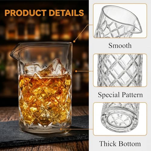 Tebery Seamless Crystal Cocktail Mixing Glass for Stirring Drinks, 16Oz Thick Bottom Bar Mixing Pitcher, Stirring Glass Drink Maker for Bar, Bartenders