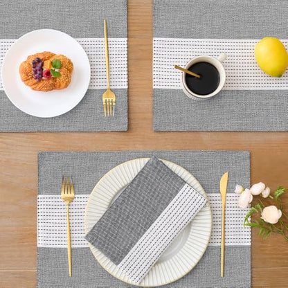 Wracra Linen Placemats Set of 4, Black Macrame Place Mats for Kitchen Table | Stripe Placemats 12 x 18 Inch; Heat Resistant Table Mats; Premium Cotton Linen Woven Fabric; Delicate Splicing Designs - color: Black, size: 12×18 Inch (Set of 4)