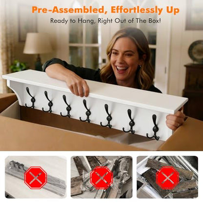 33" Coat Rack with Shelf Wall Mount, Pre-Assembled Solid Wood Coat Hooks with Shelf, Wall Coat Hanger with 7 Metal Triple-Hooks for Hanging Hat, Key,Clothes,Towel, for Entryway,Bedroom,Bathroom, White - color: White