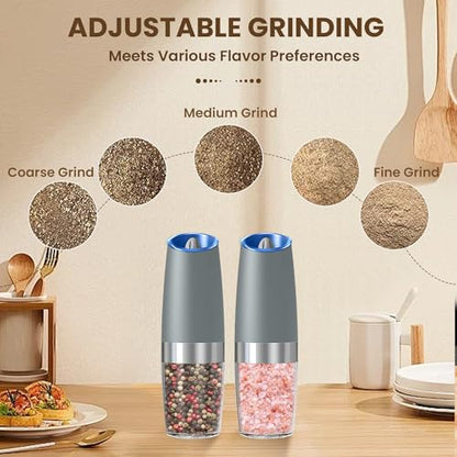 Battery Gravity Salt Pepper Grinder Set, 2 Pack (Light Grey) | Gravity Automatic Grinder With LED Light & Adjustable Roughness, Each Requires 6 AAA Batteries For Kitchen Daily Seasoning - color: Battery/Set/Light Grey