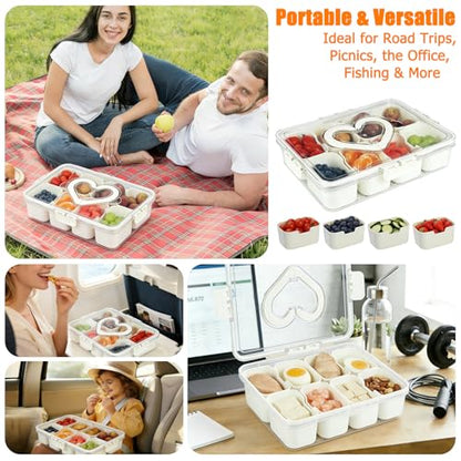 Snackle Box Container Portable - Large 8-Compartment Divided Serving Tray with Lid and Handle, Grab and Go Snack Containers Reusable for Travel and Outdoor Camping, Leak-Proof, BPA-Free