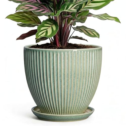 Ceramic Plant Pots, 6 Inch Ceramic Pots for Herb Snake Plants, Indoor Small Flower Pot with Drainage Hole and Saucer, Modern Round Planter, Room Office House Decor, Gardening Gifts, Green - size: 6 Inch, style: Green