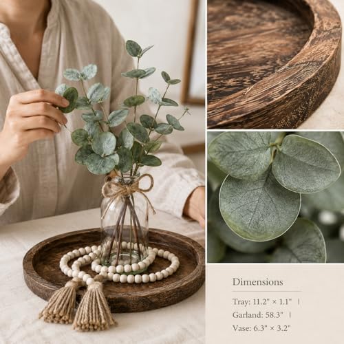 5 Pcs Rustic Farmhouse Decor Set Wooden Decorative Tray, Solid Wood Bead, Glass Vase, Faux Eucalyptus Stems and Jute Rope, Farmhouse Coffee Table Decor for Home Office, Bathroom, and Wedding