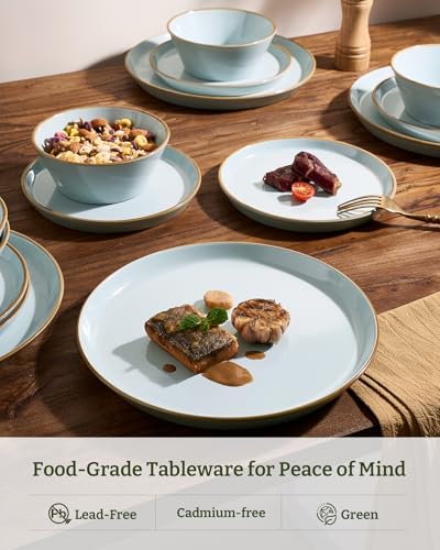 Famiware Saturn Dinnerware Sets, Ceramic Dishes for 4, Rimmed Plates, Bowls | Light Blue, 12-Piece Microwave and Dishwasher Safe Stoneware, Chip & Scratch Resistant, Modern Rustic Tableware, Everyday Use - color: Light Blue, size: 12