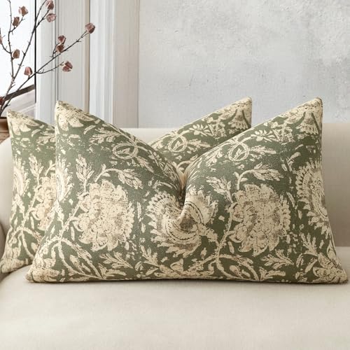 Vintage Floral Print Throw Pillow Covers 12x20 Set of 2 Neutral Modern Farmhouse Pillow Cases Accent Decorative Cushion Covers Boho Home Decor for Couch Sofa Chair Bed Living Room, Olive Green - color: Olive Green, size: 20" x 12" (Pack of 2)