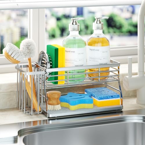 SWTYMIKI Kitchen Sink Caddy Organizer, 2 Tier Sponge Holder for Kitchen Sink with Instant Drying Stone, Removable Brush Holder for Fast Drying on Countertop, Silver - color: Silver-2 Tier