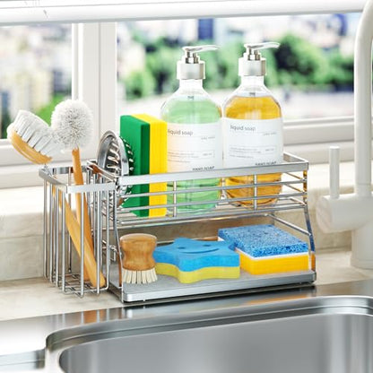 SWTYMIKI Kitchen Sink Caddy Organizer, 2 Tier Sponge Holder for Kitchen Sink with Instant Drying Stone, Removable Brush Holder for Fast Drying on Countertop, Silver - color: Silver-2 Tier