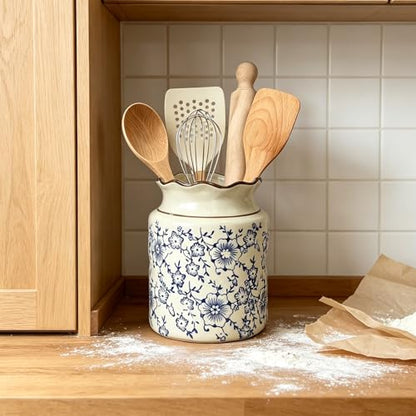 Kitchen Utensil Holder, Chinoiserie Floral Blue-and-White Porcelain Ceramic Utensil Crock – Blue Flower Storage Organizer Container for Home Kitchen Countertop