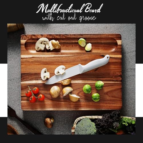 XL Acacia Wood Cutting Board (20x15x1.5in) and Wooden Butcher Block, Chopping Board-Reversible Multipurpose For Meat, Cheese Board, Vegetables, Bread with Juice Groove, Cracker Holder & Inner Handles - size: 20"L x 15"W
