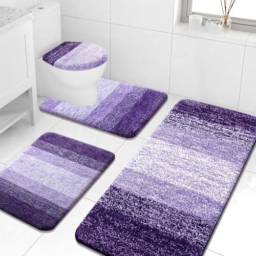 Arotive Microfiber Bathroom Rugs Sets 4 Piece, 24x16+47x20+24x20+17.5x15 | Dark Purple, Soft Absorbent Bath Mats, Machine Wash Dry U-Shaped Contour Rug and Toilet Lid Cover for Bathroom - color: Dark Purple, size: 47" X 20" + 24" X 16" + 24" X 20" + 17.5"