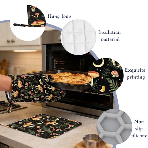 Boho Mushrooms Oven Mitts and Pot Holders Sets of 4 Wildflowers Butterfly Heat Resistant Silicone Oven Mits Gloves Non-Slip Kitchen Mittens Potholders for Cooking Baking Grilling BBQ - color: Boho Mushrooms,wildflowers Butterfly