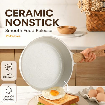 SENSARTE Nonstick Ceramic Cookware Set, 13-pcs Non-toxic Pots and Pans Set | Healthy Kitchen Cooking Set with Stay-Cool Handles, Silicone Tools and Pot Protectors, PFAS Free - color: White
