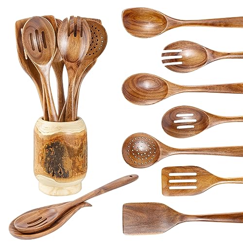 Gudamaye 13 inch Long Wooden Spoons for Cooking,Wooden Utensils for Cooking with Utensils Holder,9 PCES Wooden Kitchen Utensils Set with Utensils Holder and Spoon Rest,Natural Teak Wooden Spoons Set - size: 9 PCS with Holder