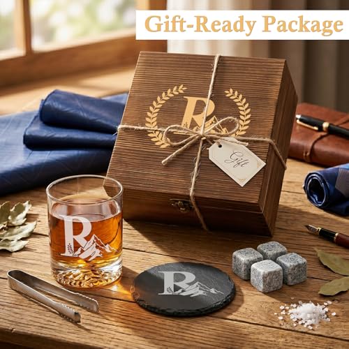 Personalized Whiskey Glass Gift Set for Men – Monogrammed Initial Rocks Glass with Slate Coaster, Wooden Box & Whiskey Stones, Birthday Father's Day for Him Dad Husband (R) - style: R