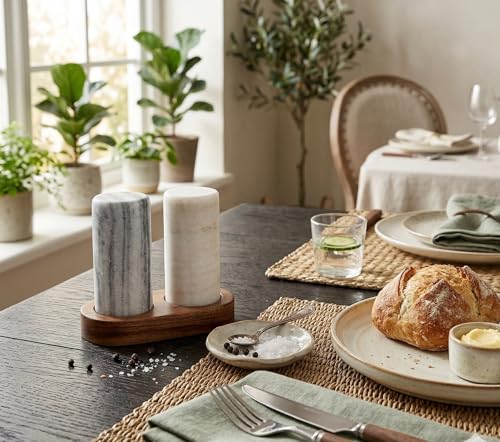 Elegant Marble Salt and Pepper Shaker Set with Acacia Wood Holder - Real Grey and White Marble Cylindrical Shakers for Kitchen Shelf, Table or Spice Rack - 1.75” x 3.75” Each