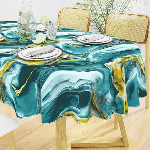 Oval Waterproof Vinyl Table Cloth, Wipeable Tablecloth with Flannel Backing, Plastic Table Cover for Dinner, Picnic, Indoor and Outdoor (Ripples, 52" x 70") - color: Teal and Gold, size: 70" x 52" (Oval)