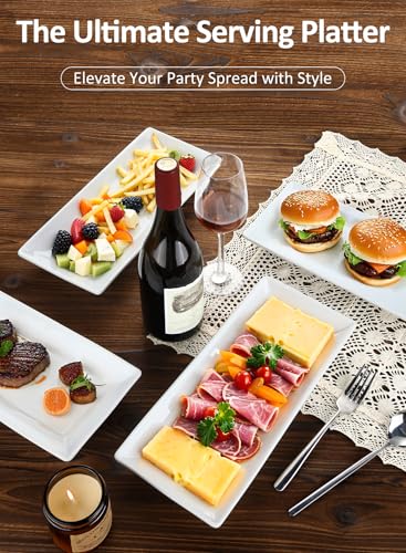 14” White Porcelain Serving Platters, Elegant Large Rectangular Plates Trays for Dinner Parties, Appetizers, Sushi, Desserts & More, Microwave & Dishwasher Safe, Set of 4 | Rectangular Ceramic Dinner Plates Trays, Stackable, Dishwasher/Microwave/Freezer S