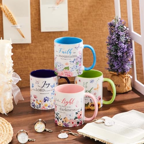 Ziliny 4 Sets Christian Gifts for Women, 11oz Floral Coffee Mugs with Bible Verse Keychains,Mother's Day Christian Tea Cup Set, Inspirational Watercolor Flower Appreciation Gift