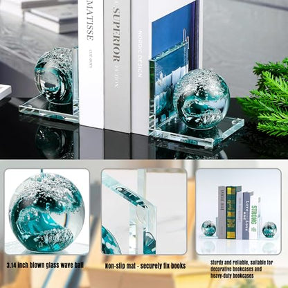 Glass Book Ends for Shelves, Dark Blue Hand Blown Sea Wave Ball, Set of 2 - color: Dark Blue