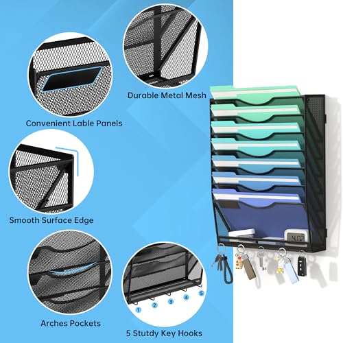 Gawerk Hanging Wall File Organizer with 5 Hooks - Wall Mounted Mail Paper Document Folder Holder, Sturdy Mesh Magazine Rack for Office Home (7+1 Tier) - size: 7+1 Tier