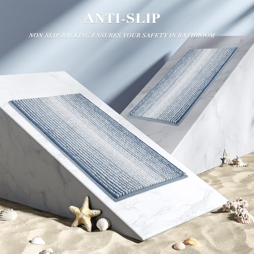 Bathroom Rugs Sets 3 Piece, Toilet Rugs U-Shaped Contour Bath Mat Set, Striped Absorbent Non Slip Chenille Shower Mat, Fog Blue - color: Fog Blue, size: 20"x32"+16"x24"+U Shape 20"x24"