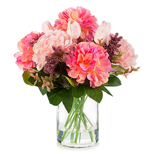 Tulip Real Touch Artificial Flower Arrangement with Vase, Mixed Dahlia Silk Flower in Vase for Dining Table Decorations, Wedding Centerpiece (Pink) - color: T& Dahlia Pink
