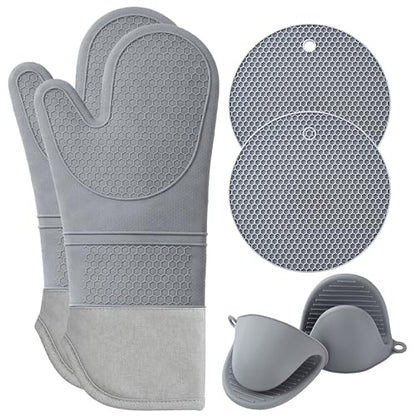 Silicone Oven Mitts and Pot Holders Sets, 6 Piece Kitchen Set | 2 Oven Mitts, 2 Mini Gloves, 2 Pot Holders, Heat Resistant Non Slip Silicone, Ideal for Cooking & Grilling - color: 2 Pot Holders, 2 Oven Mitts, 2 Mini Gloves