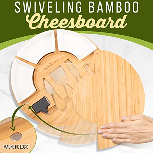 NutriChef Bamboo Natural Cheese Board Set with Bonus Condiment Cup-Extra Large Size 100% Home Organic Wooden Plate and Charcuterie Tray with 4 pcs Cutting Knife Slicer, 13" Round - style: Round with Gift Box