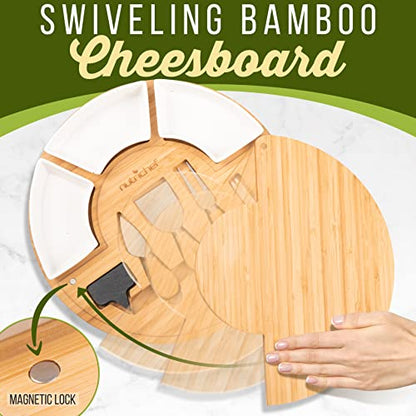 NutriChef Bamboo Natural Cheese Board Set with Bonus Condiment Cup-Extra Large Size 100% Home Organic Wooden Plate and Charcuterie Tray with 4 pcs Cutting Knife Slicer, 13" Round - style: Round with Gift Box