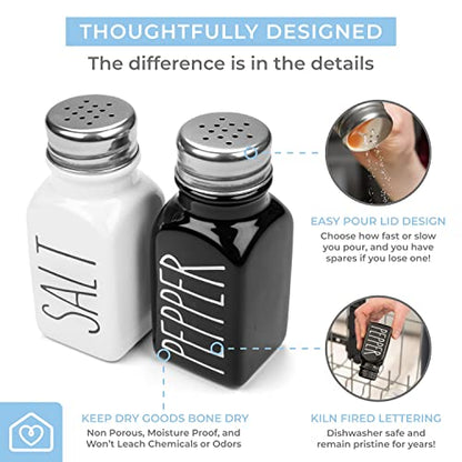 Farmhouse Ceramic Salt and Pepper Shakers Set with Extra Lids. 100% Stoneware Salt and Pepper Shaker Set. Black Pepper and White Salt Shaker with Lid x4. Kitchen Salt Pepper Shakers - color: White/Black