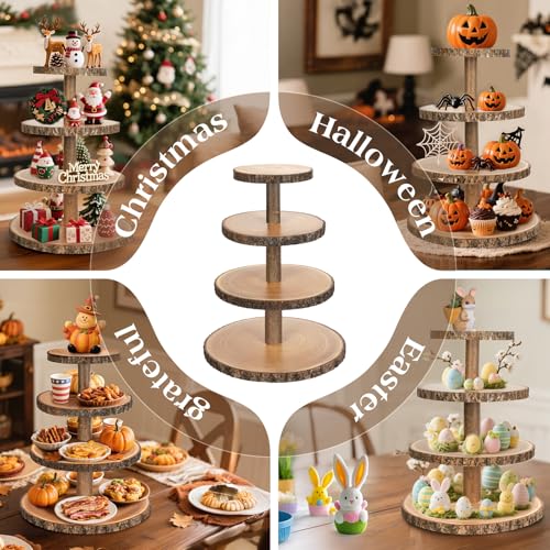 Wooden Cupcake Stand for 24 Cupcakes 4-Tier Dessert Tower Rustic Tiered Display Stand for Woodland Baby Shower Decorations, Farmers Market Decor, Wedding, Birthday, Graduation, Tea Party