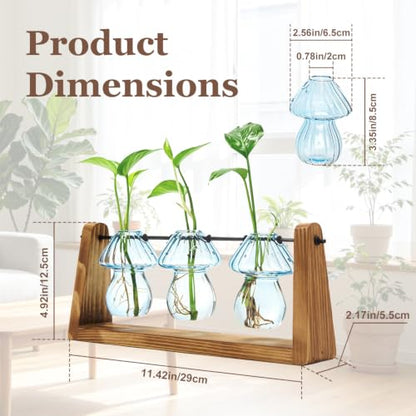 Hyindoor Propagation Stations with Wooden Stand & 3 Glass Mushroom Vases, Plant Terrarium Mushroom Planter for Hydroponics Home Garden Ofiice Tabletop Decor, Propagation vases Gifts for Women Mom