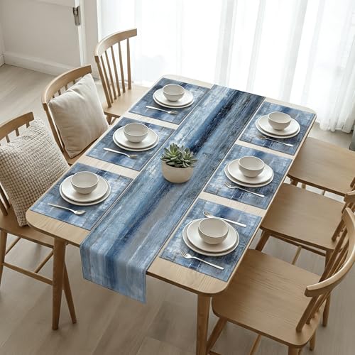 Blue and Gray Table Runner and Placemats Set of 6 Farmhouse Washable Linen Place Mats Rustic Abstract Art Table Decor for Kitchen Dining Coffee Outdoor Party (Blue and Gray, 13"x71"+12"x18") - color: Blue and Gray