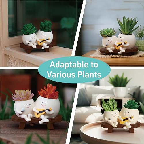 Smiley Face Planter Pot,Unique Double Head Guitar Singing Planter | with Drainage Hole Resin Cute Plant Pot,for Indoor Outdoor Plants