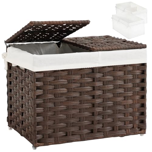 SETVSON Storage Basket with Lid, 2-Lid PE Rattan Storage Bin, Brown | 35L Storage Bin with 2 Separate Lids, 2 Removable Liners with Divider for Clothes & Blankets, Sturdy Frame, Brown - color: Brown, size: 35L-15.7L*11.8W*11.8H