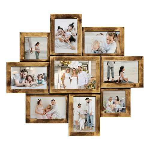 Jerry & Maggie 9 Opening Picture Frames Collage Wall Decor, Vintage Modern Farmhouse Gallery Wall Decor, Hanging Photo Frames Set, Holds 4×4, 4×6 & 5×7 Photos, Golden - color: Golden