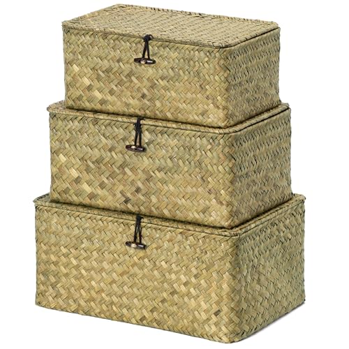 Nonam Storage Basket with Lid, Natural Seagrass Bin with Lid Set of 3, Shelf Baskets Multipurpose Container for Boho Decoration, Rectangular Storage Boxes for Home Organization- Dark Moss Green - color: Dark Moss Green * Set of 3