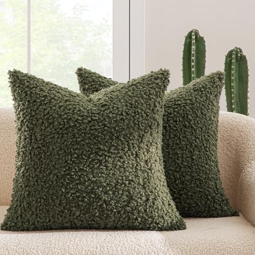 MIULEE Decorative Faux Fur Pillow Covers Sherpa 18x18 Olive Green | Set of 2 Fuzzy Accent Couch Throw Pillows, Soft Sheepskin Fleece Pillowcases, Home Decor Sofa Livingroom Bed - color: Olive Green, size: 18" x 18" (Pack of 2)