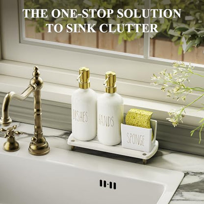 Cisily Kitchen Soap Dispenser Set Comes with Ceramics Sponge Holder, Gold Pumps, and Instant Dry Tray, Hand and Dish Soap Dispenser Set (4, Gold + Off White + Sponge Holder) - color: Gold + Off White + Sponge Holder
