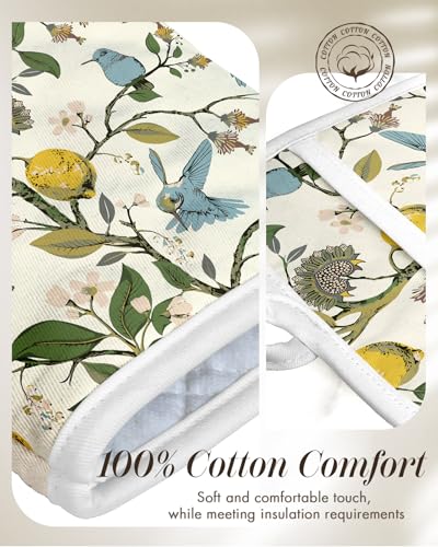 Miss Adola Cotton Oven Mitts and Pot Holders Sets, Lemon Songbird | Heat-resistant up to 350°F, Pure Cotton, Quilted Contact Surface, Stylish Design, with Hanging Loop, Ready to Gift Package - color: Lemon Songbird