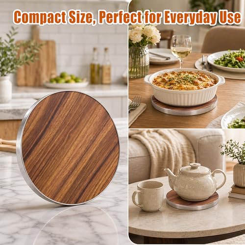 7 Inch Round Trivet Acacia Wood and Stainless Steel Frame | Heat-Resistant, Multi-Purpose Hot Pad, For Pots Pans and Dishes, Elegant Table Protector, Durable and Stylish