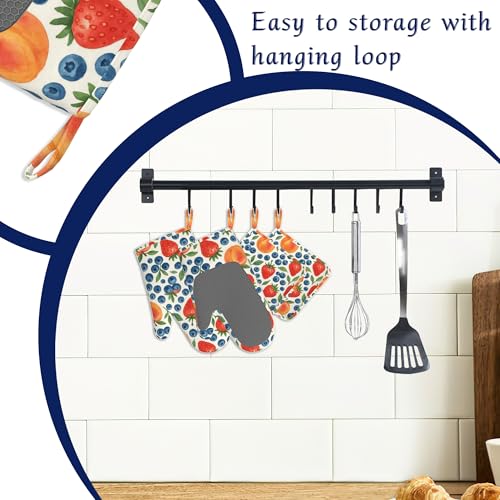 Tropical Fruit Oven Mitts and Pot Holders Strawberry Peach Blueberry Silicone Kitchen Accessories Set of 4 Heat Resistant Non-Slip Long Gloves Potholder for Chef Cooking Baking Gifts Women Men - color: Tropical Fruit,strawberry Peach Blueberry