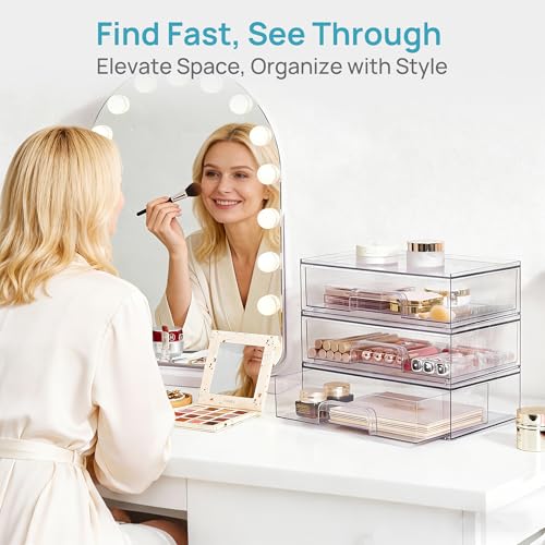 Vtopmart Clear Stackable Storage Drawers, 4 Pack Wide Plastic Organizers | Clear Pull-Out Plastic Drawers, Stackable Design for Makeup Palettes, Cosmetics, Beauty Supplies, Vanity, Cabinet and Desk - style: 4pack Wide