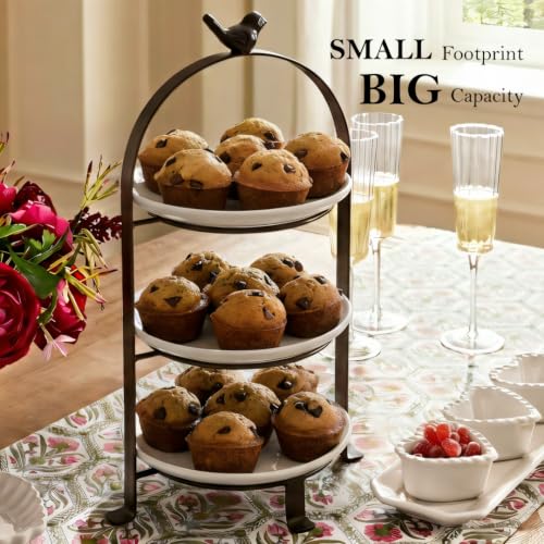SparkWorks 3 Tiered Cake Stand, Tea Party Serving Platter, Dessert and Cupcake Stand, Metal Tiered Serving Stand Includes Three Premium White Stoneware Plates - size: 8.5 inch