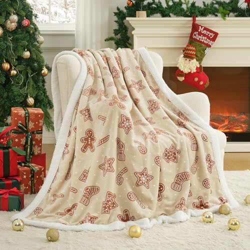 Cozy Bliss Luxury Sherpa Throw Blanket for Couch, Premium Reversible Thick Throw with Gingerbread & Candy Cane Design, Warm Cozy Soft Blanket for Home and Gifts (50 * 60) - color: Christmas Gingerbread, size: Throw(50" x 60")