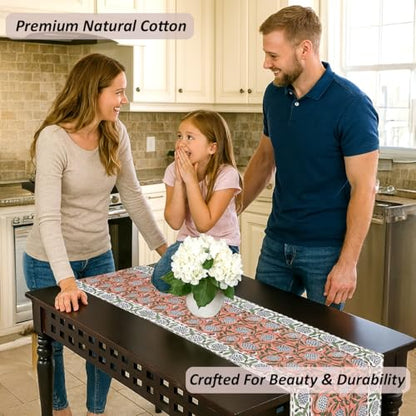 Dark Salmon Hand Block Print 100% Cotton Table Runner 16x106 Inch | Perfect for dining tables, buffets and celebrations, reusable, machine washable, Decorative Everyday Use, indoor & outdoor.