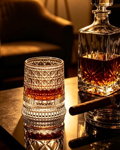 CEEFU 360° Spinning Whiskey Glasses Set with Gift Box, Set of 2 | Old Fashioned with Rotating Base - 2 Big Ice Ball Molds - Bourbon, Cocktail, Rocks, Bday Gifts Ideas for Men, Gem Pattern - size: 9.5 oz-Gemstone Pattern