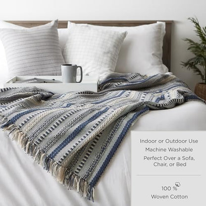 DII Modern Zig Zag Throw Blanket Woven Cotton, Hand-Knotted 2.5" Fringe, 50x60, Natural - color: Natural, size: 50x60"