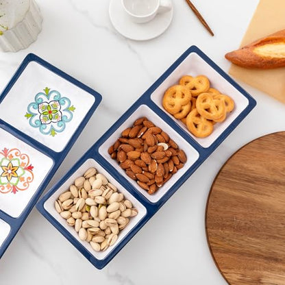 3-Section Divided Serving Trays, Talavera 14.75”x 6” Unbreakable Melamine Serving Platter for Serving Food, 3 Compartment Condiment Tray, Rectangular Condiment Server Set of 2 - color: Talavera 3 Section Tray